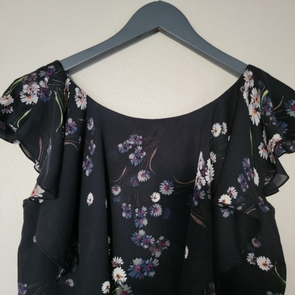 Juicy Couture Black Silk Floral Ruffle Mini Dress Size 6 Daisy Print open back - Picture 2 of 9